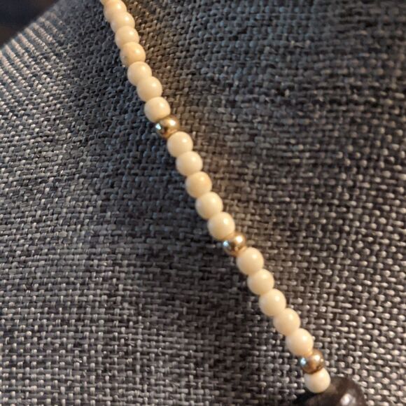 Vintage mother of pearl dbl sided heart, raw hetian jade blk opal, bead necklace - Picture 10 of 13